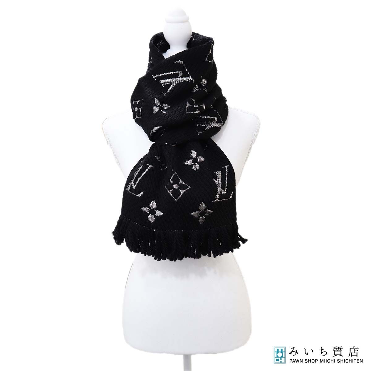 未使用 LOUIS VUITTON ルイヴィトン LV マフラー M75833 エシャルプ・ロゴマニア シャイン ブラック×シルバーカラー 箱 J192