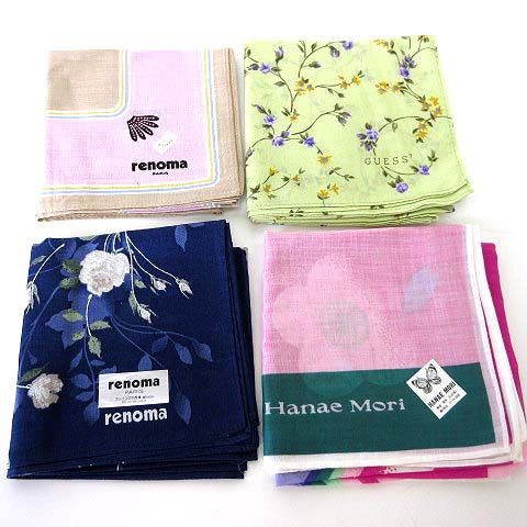 ハナエモリ HANAE MORI レノマ renoma ゲス GUESS ハンカチ チーフ 4枚 セット 花柄 美品 紺 ネイビー ピンク 黄緑 美品