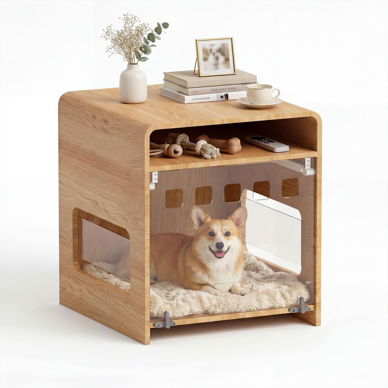 DAWNYIELD 犬用ケージ 家具調 ペットサークル エンドテーブル 天板・収納棚付き 小型犬向け 木製 ドッグハウス 省スペース跳ね上げ式クリア扉 割れにくい安全PETパネル 角丸加工 簡単お手入れ木製 屋根付き 猫ハウス ナチュラルオーク）
