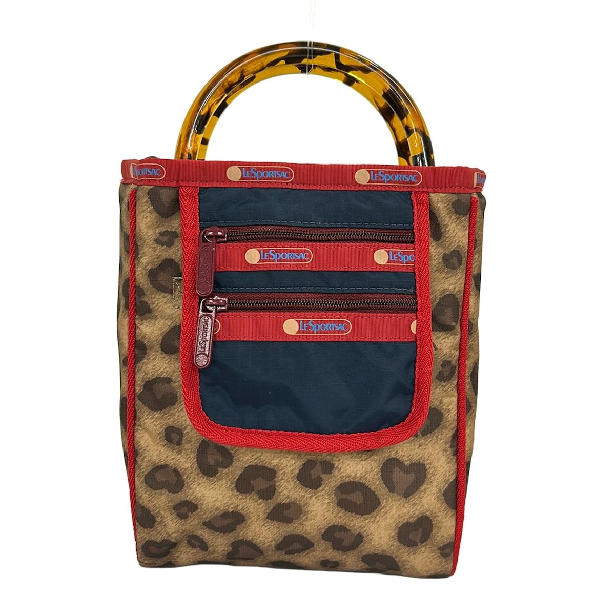LESPORTSAC(レスポートサック) トートバッグ - ベージュ×レッド×マルチ 豹柄/Explore New Horizens/プラスチックハンドル/ミニバッグ