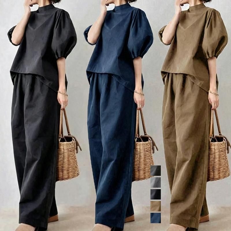 セットアップ レディース 夏服 トップス 中袖 プルオーバー ブラウス パフスリーブ ボトムズ ワイドパンツ 無地 セット 大人きれいめ set 40代 50代 カジュアル #ogfsfsf