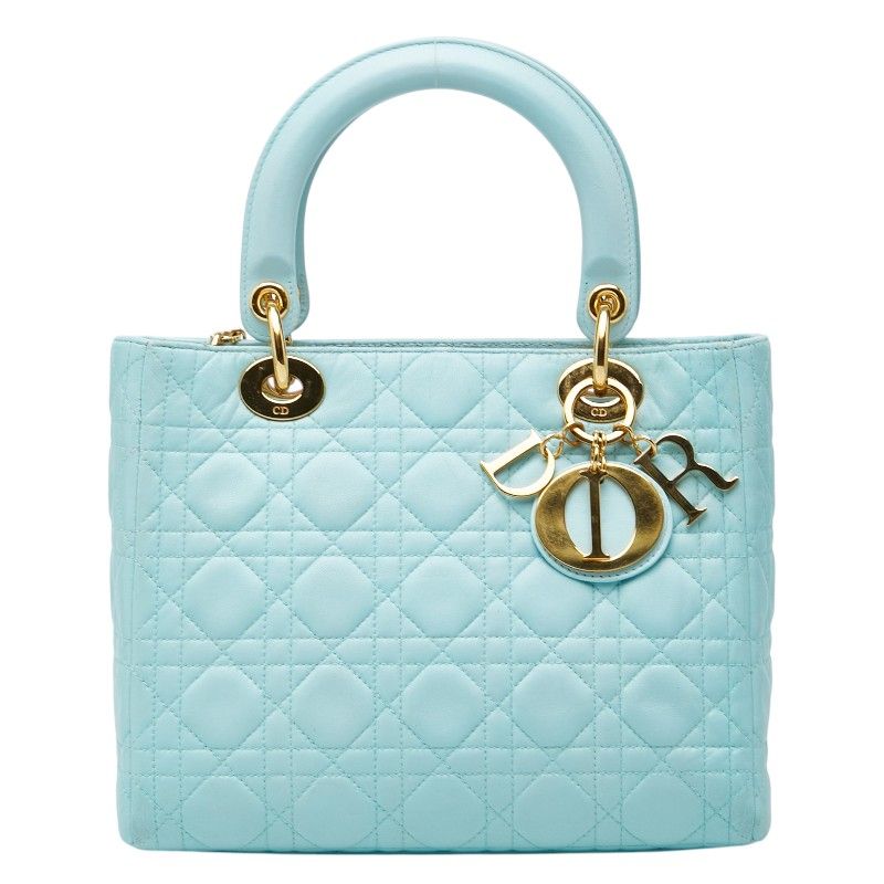 クリスチャンディオール カナージュ レディディオール ミディアム ハンドバッグ ライトブルー レザー レディース Christian Dior【1-0268926】