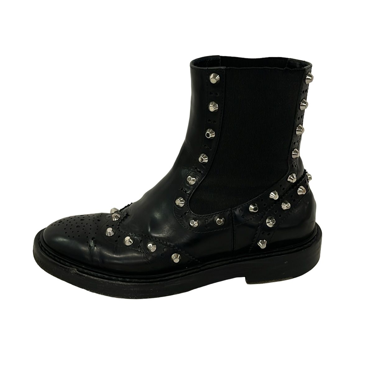 BALENCIAGA(バレンシアガ) ショートブーツ 37 レディース - 黒 スタッズ/サイドゴア/ウィングチップ レザー
