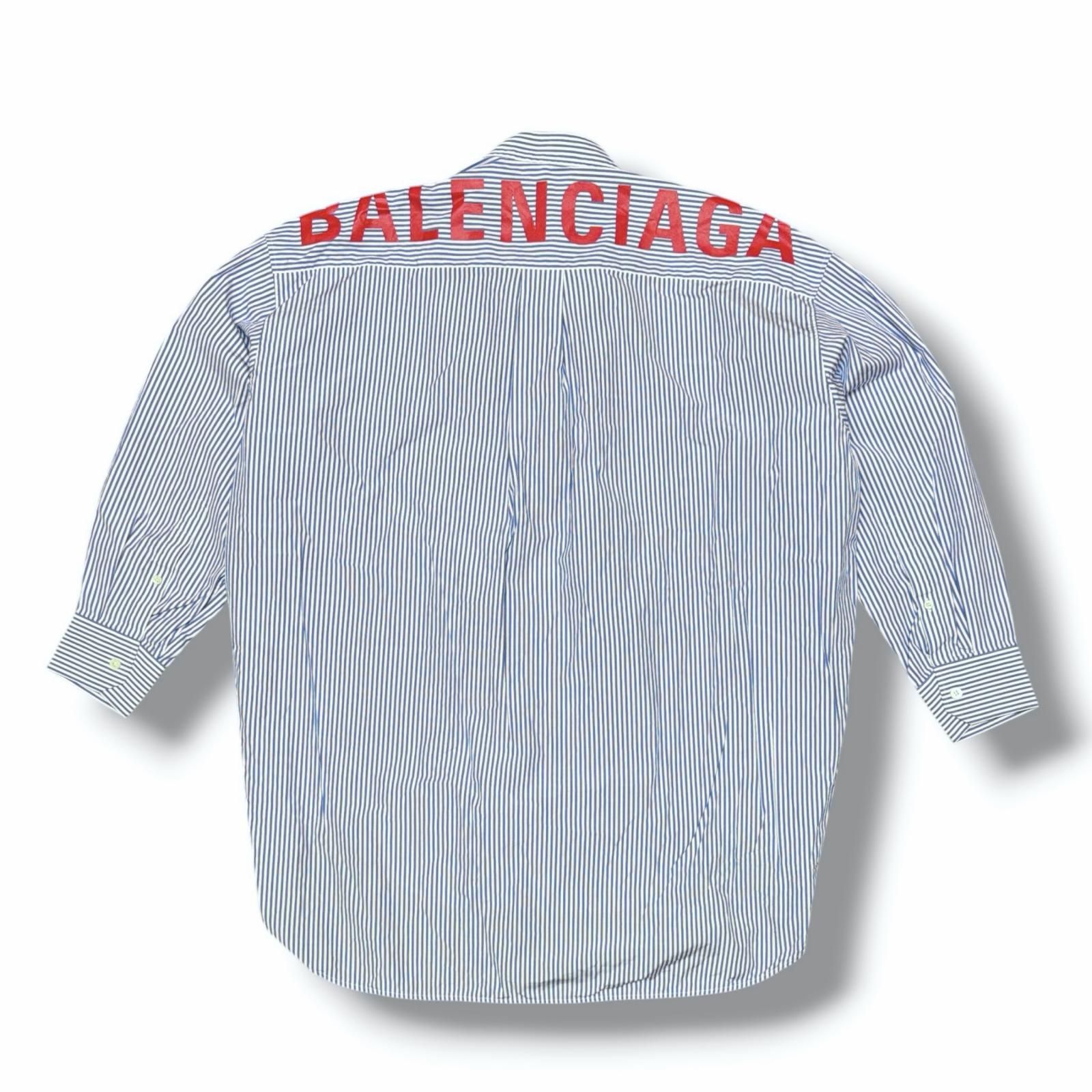 国内正規 BALENCIAGA ストライプ長袖ノーカラーシャツ バックロゴ