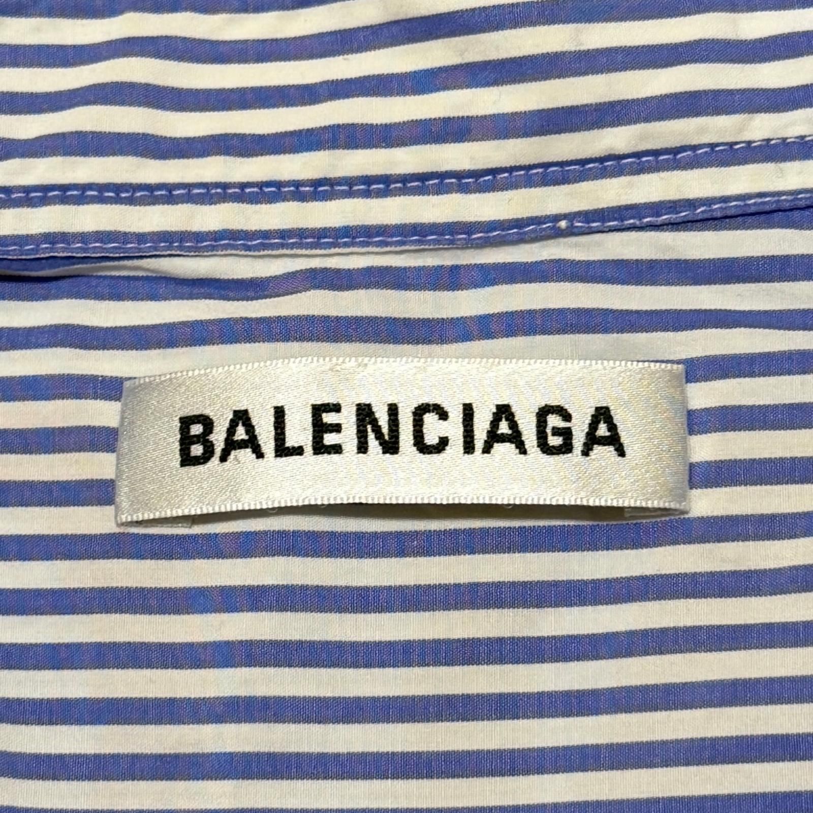 国内正規 BALENCIAGA ストライプ長袖ノーカラーシャツ バックロゴ