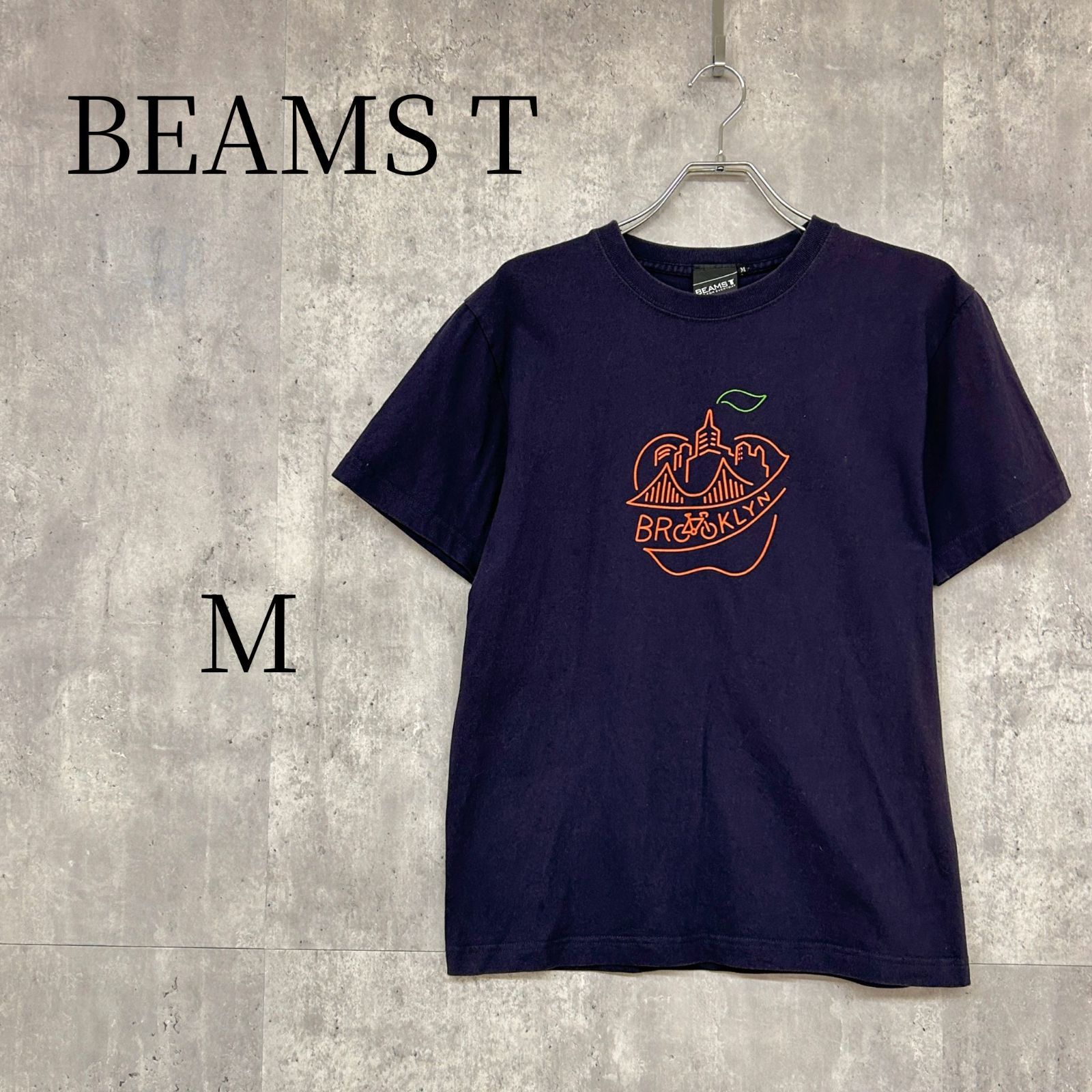 BEAMS T ビームスT Tシャツ 半袖 M ネイビー 紺 コットン100% ブルックリン リンゴ 自転車 グラフィック プリント メンズ レディース ユニセックス 古着 ストリート カジュアル 1枚着 インナー 春夏 ロゴ デザイン