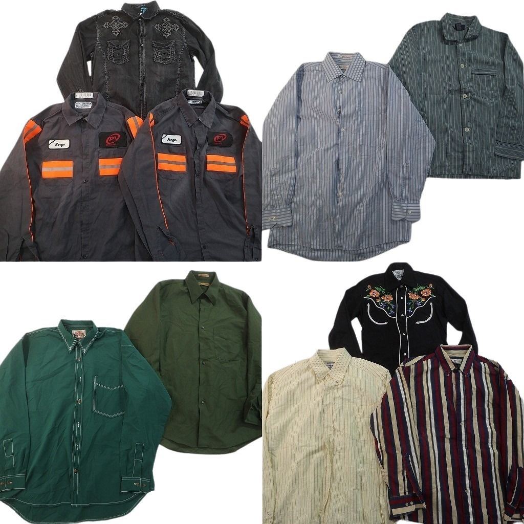 古着卸 まとめ売り 長袖シャツMIX 10枚セット ( メンズ M ) ワーク ストライプ ボックスカット 中古 古着 NE8125
