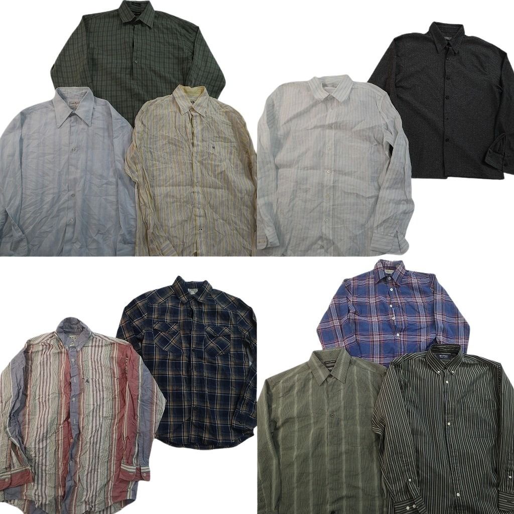 古着卸 まとめ売り 長袖シャツMIX 10枚セット ( メンズ S/M ) ストライプ チェック ダブルフラップ ボタンダウン 中古 古着 NE8129