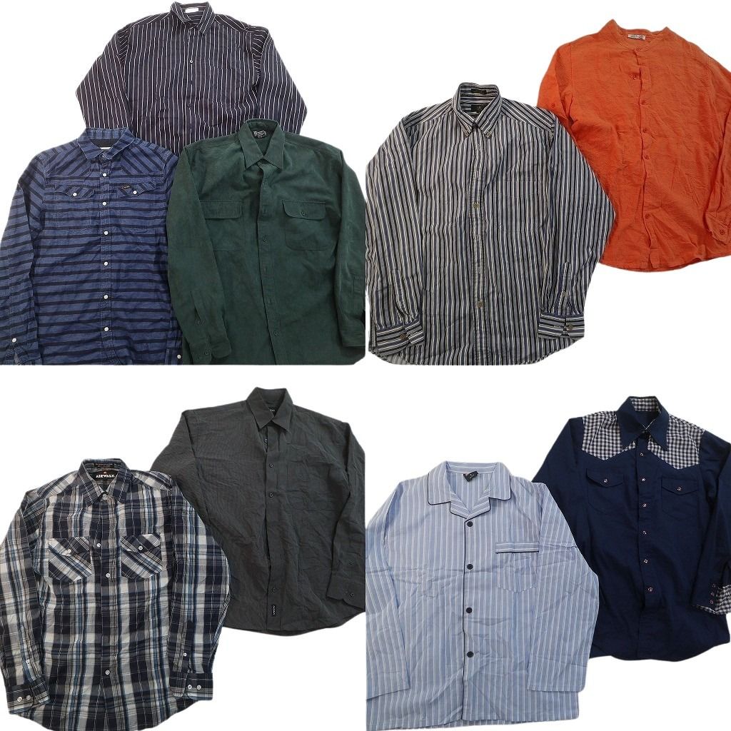 古着卸 まとめ売り 長袖シャツMIX 9枚セット ( メンズ S ) ダブルフラップ ストライプ ウエスタン パジャマシャツ 中古 古着 NE8130
