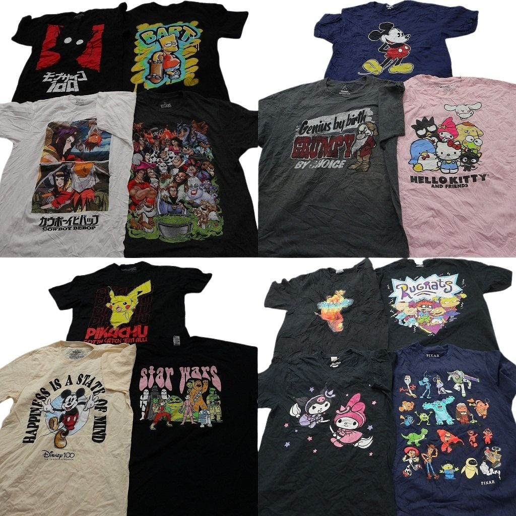 古着卸 まとめ売り キャラクター Tシャツ 14枚セット ( メンズ M/L ) ポケモン ディズニー サンリオ カウボーイビバップ 中古 古着 NE8170
