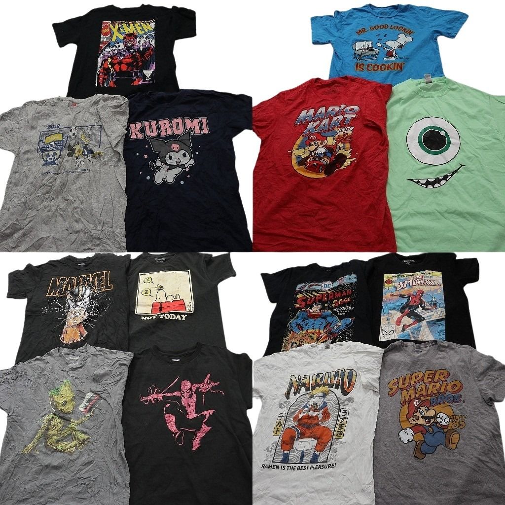 古着卸 まとめ売り キャラクター Tシャツ 14枚セット ( メンズ M ) ナルト マーベル ディズニー スヌーピー サンリオ マリオ 中古 NE8172