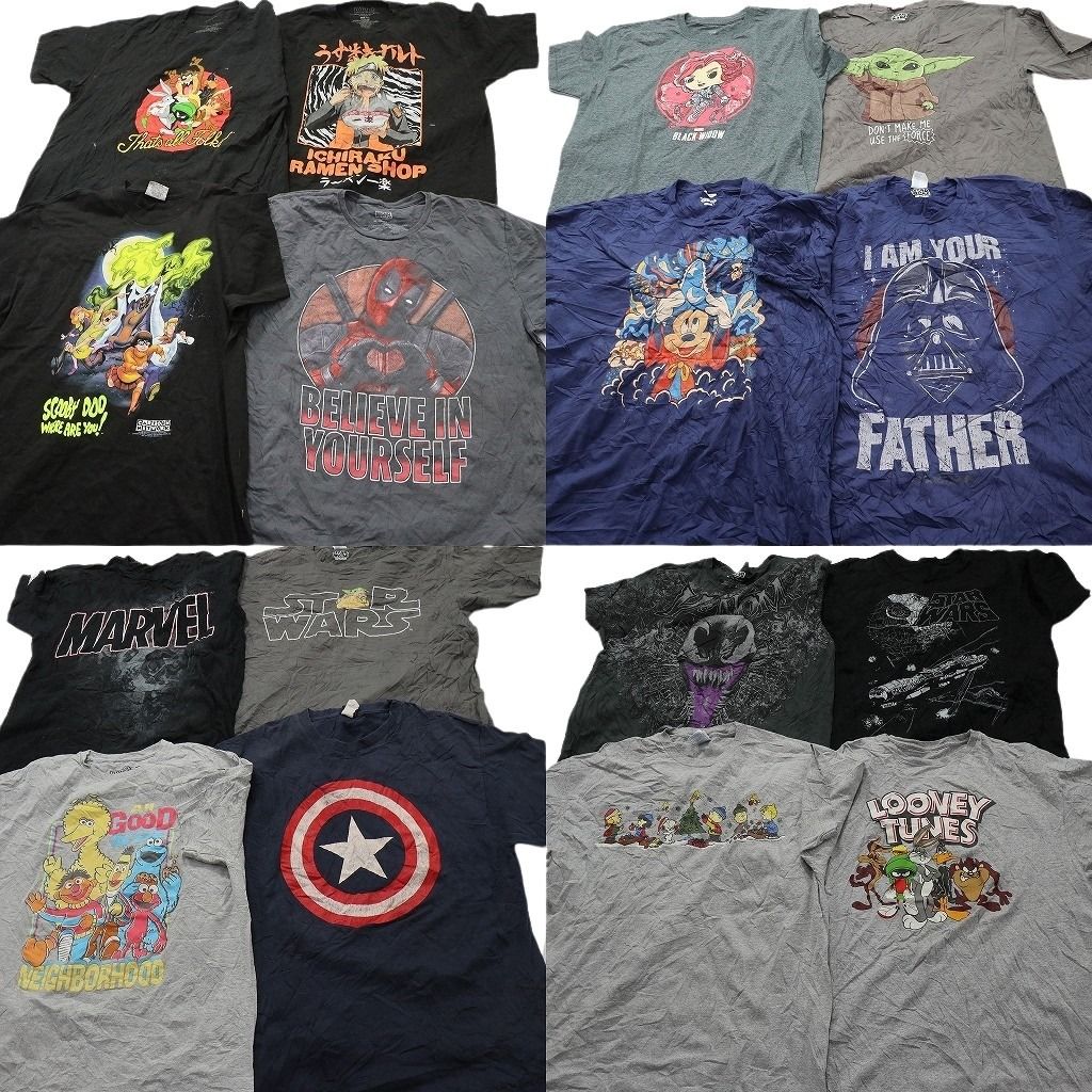 古着卸 まとめ売り キャラクター Tシャツ 16枚セット ( メンズ XL ) ナルト スターウォーズ セサミストリート 中古 古着 NE8176