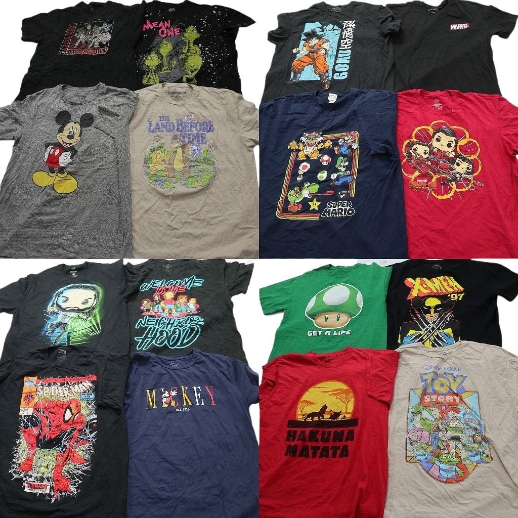 古着卸 まとめ売り キャラクター Tシャツ 16枚セット ( メンズ XL ) ディズニー ドラゴンボール マーベル マリオ 中古 古着 NE8177