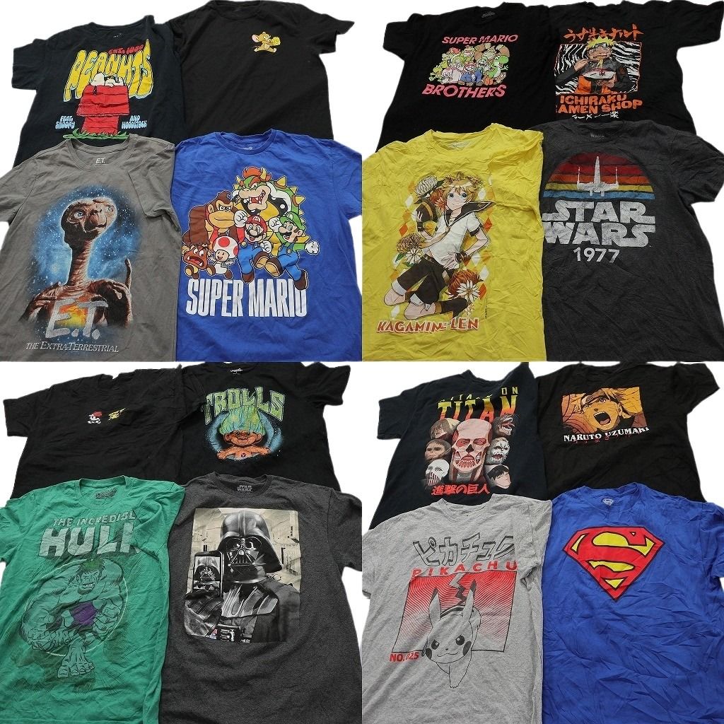 古着卸 まとめ売り キャラクター Tシャツ 16枚セット ( メンズ L ) ナルト ポケモン 進撃の巨人 マーベル 中古 古着 NE8179