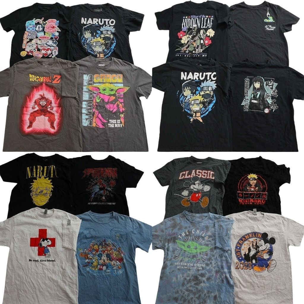 古着卸 まとめ売り キャラクター Tシャツ 16枚セット ( メンズ M ) ナルト ドラゴンボール ディズニー 鬼滅の刃 スヌーピー 中古 NE8181
