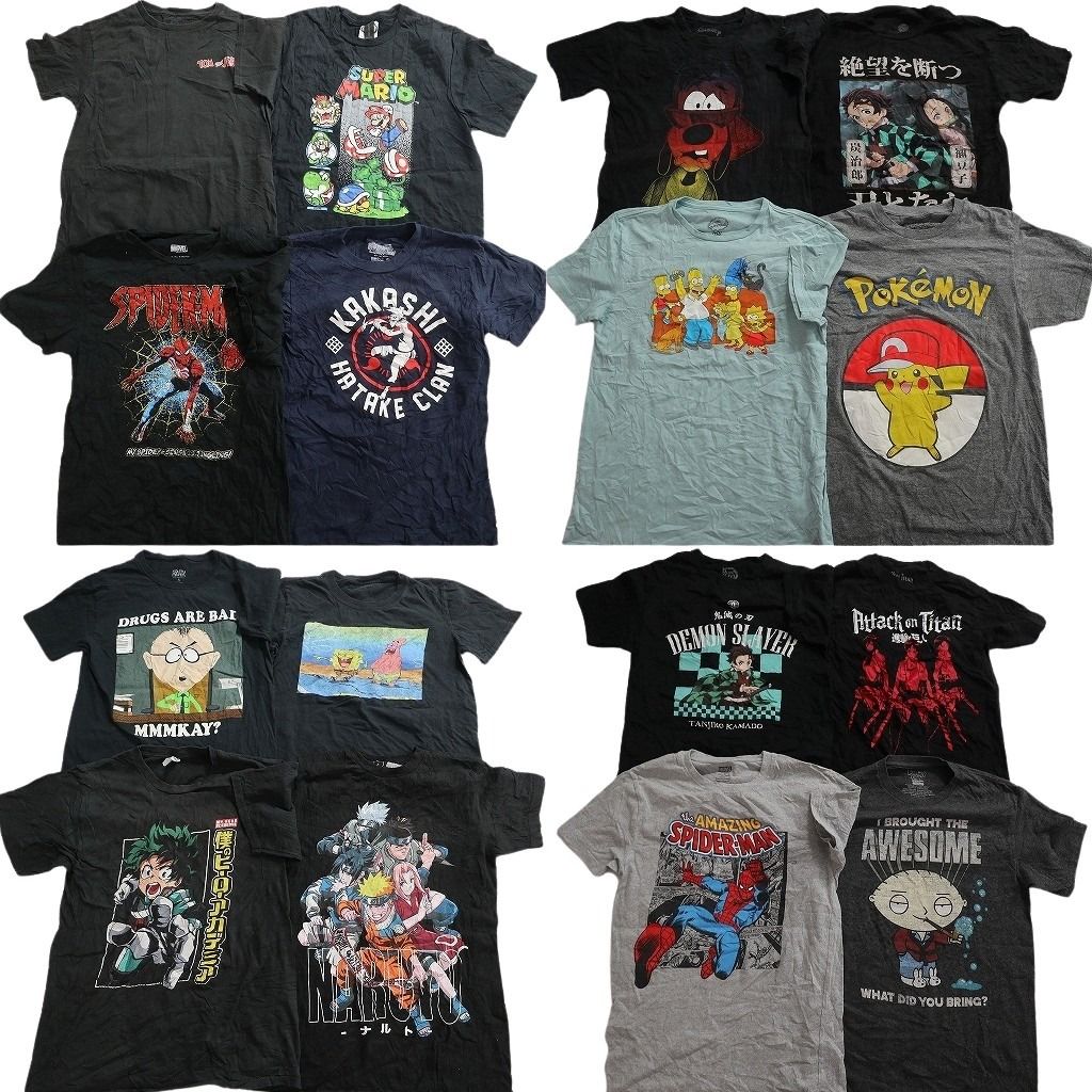 古着卸 まとめ売り キャラクター Tシャツ 16枚セット ( メンズ S ) ナルト 鬼滅の刃 ヒロアカ ポケモン シンプソンズ 中古 古着 NE8183