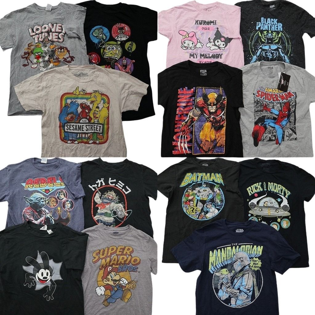 古着卸 まとめ売り キャラクター Tシャツ 14枚セット ( メンズ S ) セサミストリート マーベル デッドストック サンリオ 中古 古着 NE8209