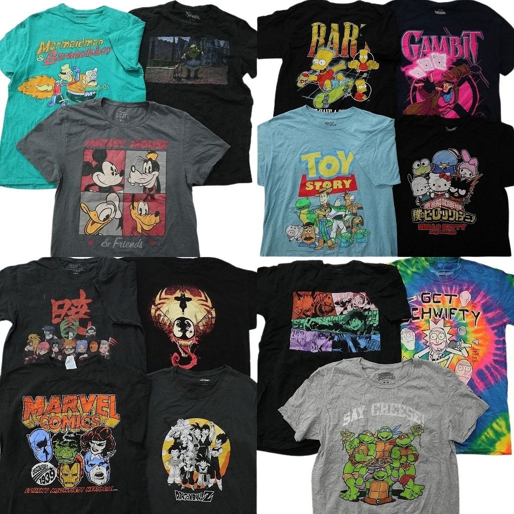 古着卸 まとめ売り キャラクター Tシャツ 14枚セット ( メンズ M ) ディズニー ヒロアカ タートルズ ナルト ドラゴンボール 中古 NE8211