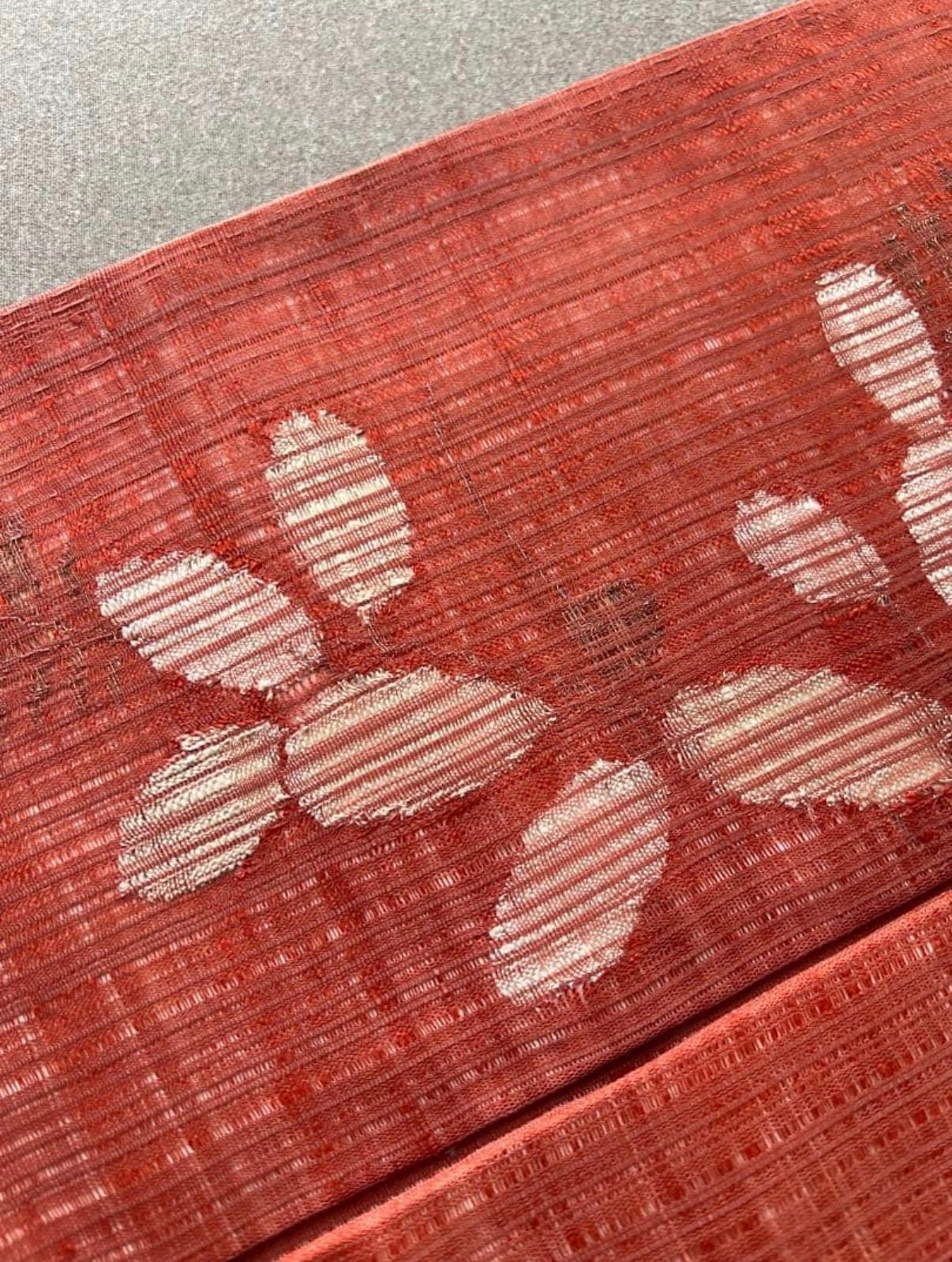 名古屋帯 夏帯 すくい織 落ち着いた赤 花 夏物