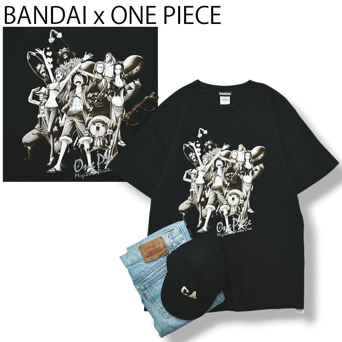 バンダイ ワンピース 麦わらの一味 キャラクター プリント Tシャツ L 黒