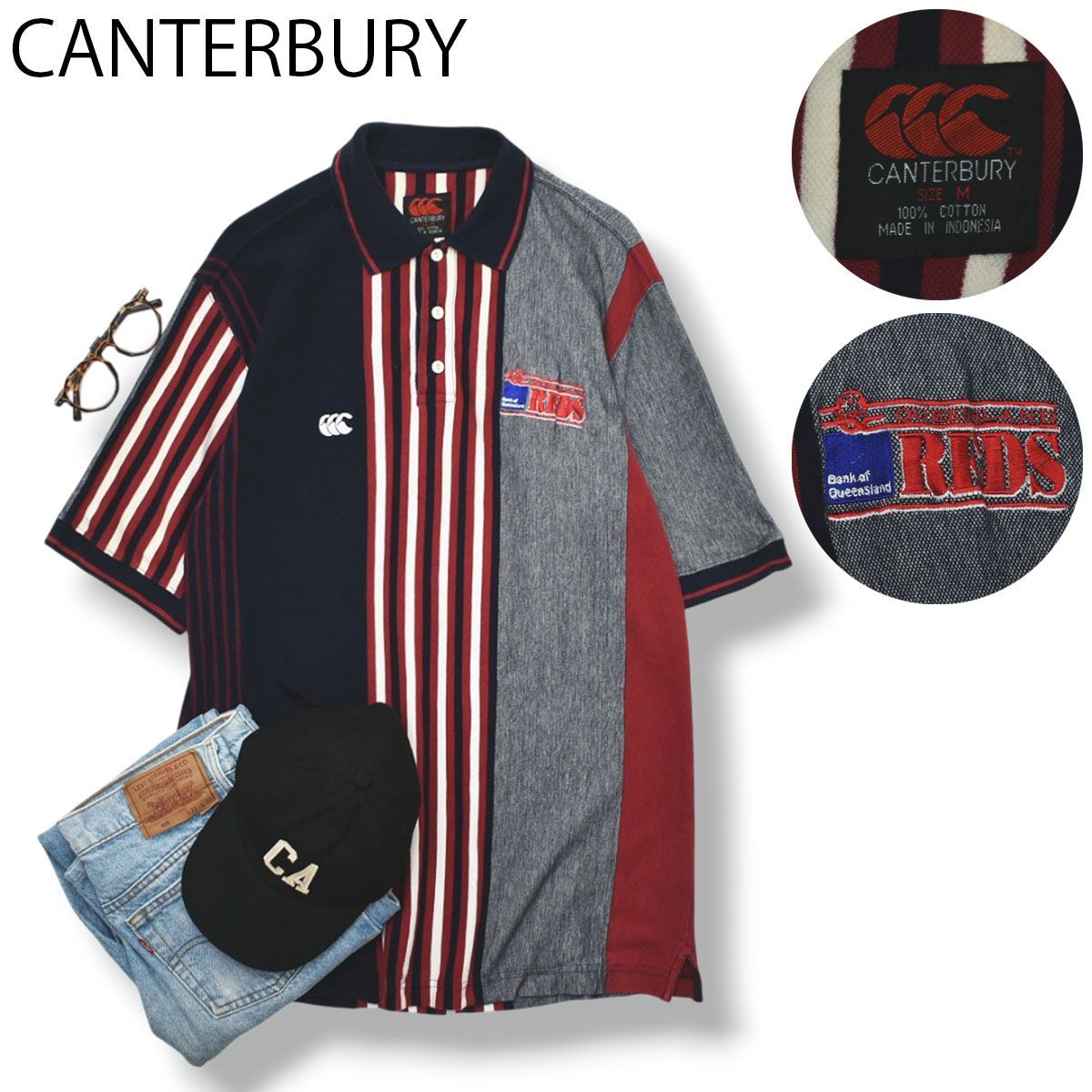 カンタベリー CANTERBURY ラガーシャツ 鹿の子 ポロシャツ M ボーダー柄 ワイン 赤 x ネイビー 紺 x ホワイト 白 メンズ 男性用 アメトラ ストリート スポーツミックス