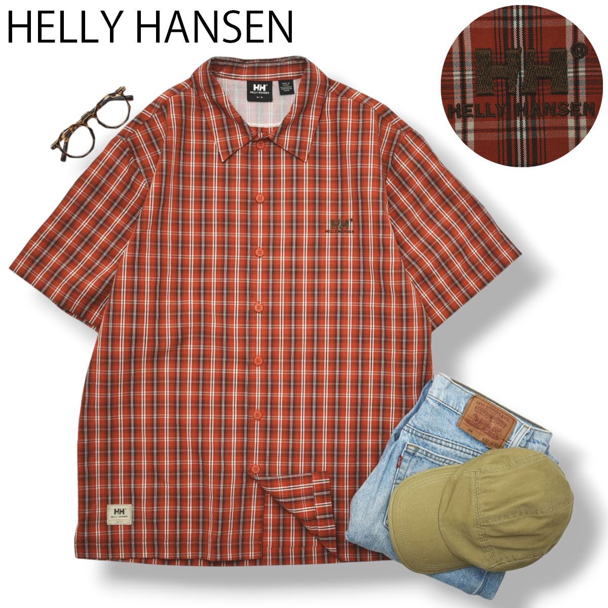 ヘリーハンセン HELLY HANSEN HH 半袖 ポリエステル チェック シャツ M メンズ 男性用 アウトドア キャンプ サマー