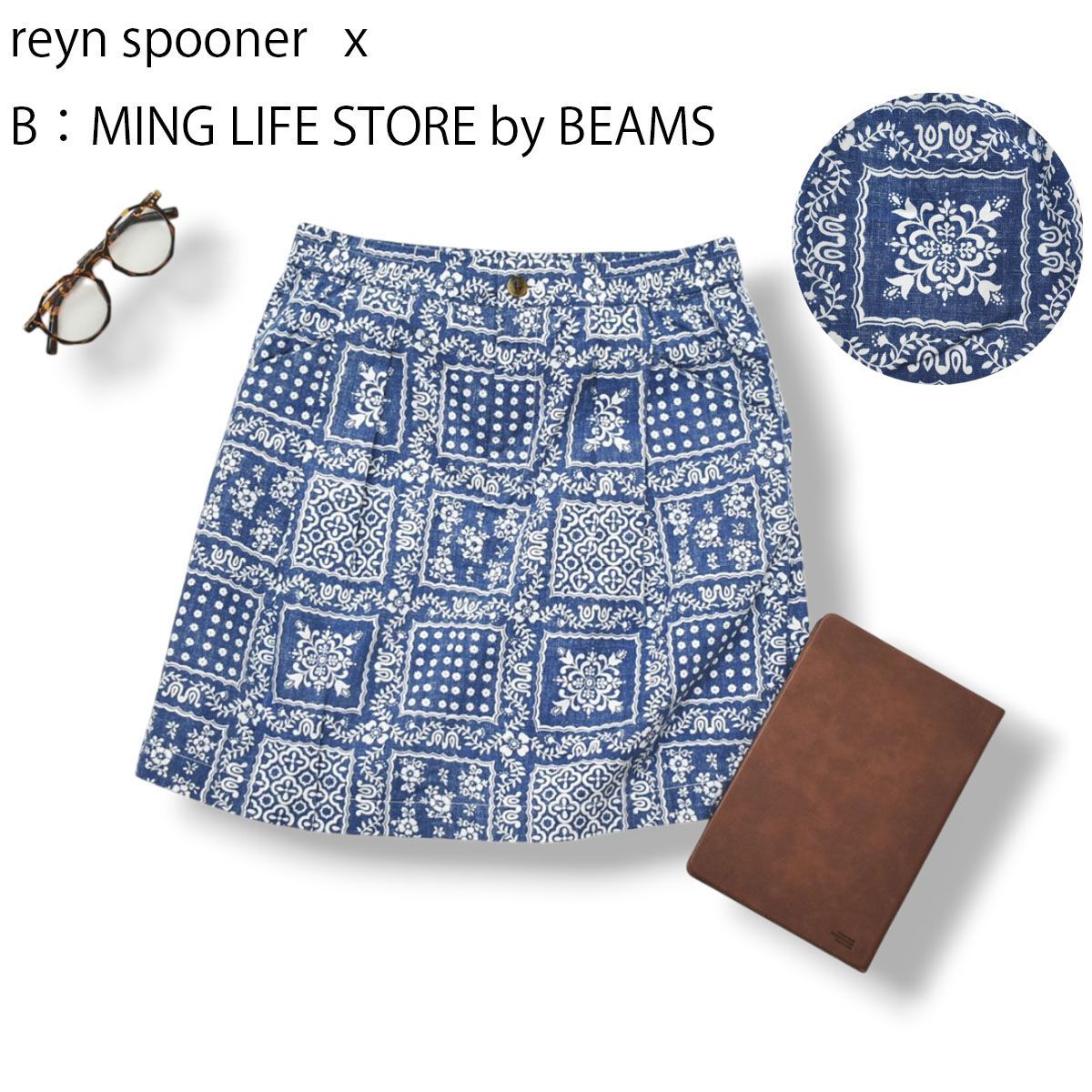 【別注】レインスプーナー reyn spooner x ビーミングバイビームス ミニ 膝丈 スカート S バンダナ プリント柄 ブルー 青 x ホワイト 白 レディース 女性用 アメカジ