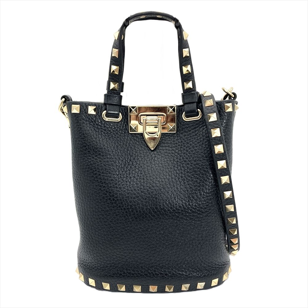 ヴァレンティノ VALENTINO ロックスタッズ クロスボディ ショルダーバッグ グレインカーフレザー ZW2P0W31VSH ブラック ゴールド金具 RFID レディース【中古】