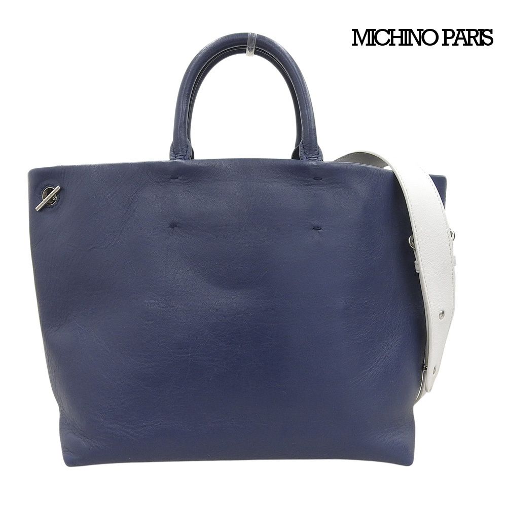ミチノ michino ミチノパリス レザー ２WAY ショルダー ハンドバッグ ネイビー×ホワイト レディース