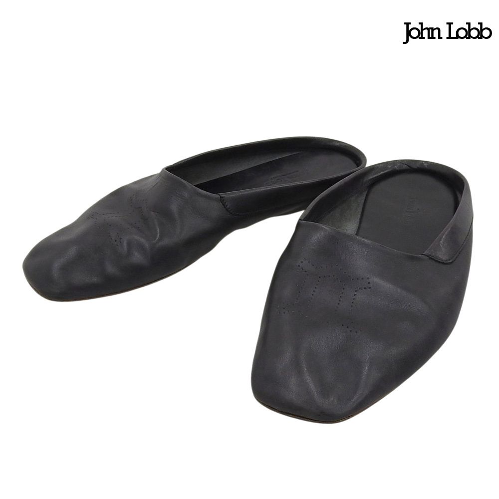 美品 ジョンロブ John Lobb イタリア製 パンチングロゴ ミュージアムカーフ レザー スリッパ サイズ6 24.5cm 黒 ブラック