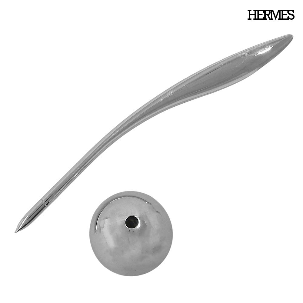 超美品 エルメス HERMES レア フェザーモチーフ スタンド付き ボールペン メタル 文房具 箱付き