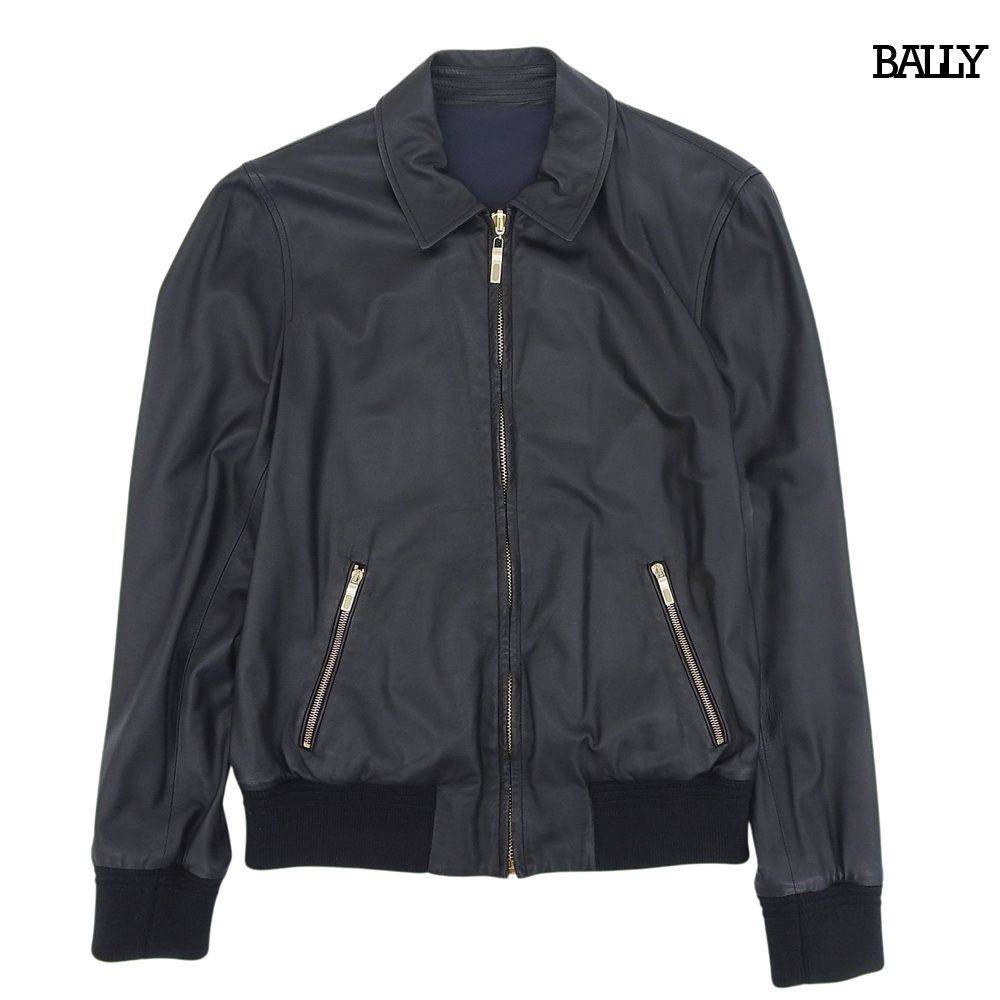 超美品 バリー BALLY ラム レザー×ナイロン リバーシブル ジップ ブルゾン 襟付き サイズ48 黒 ブラック メンズ