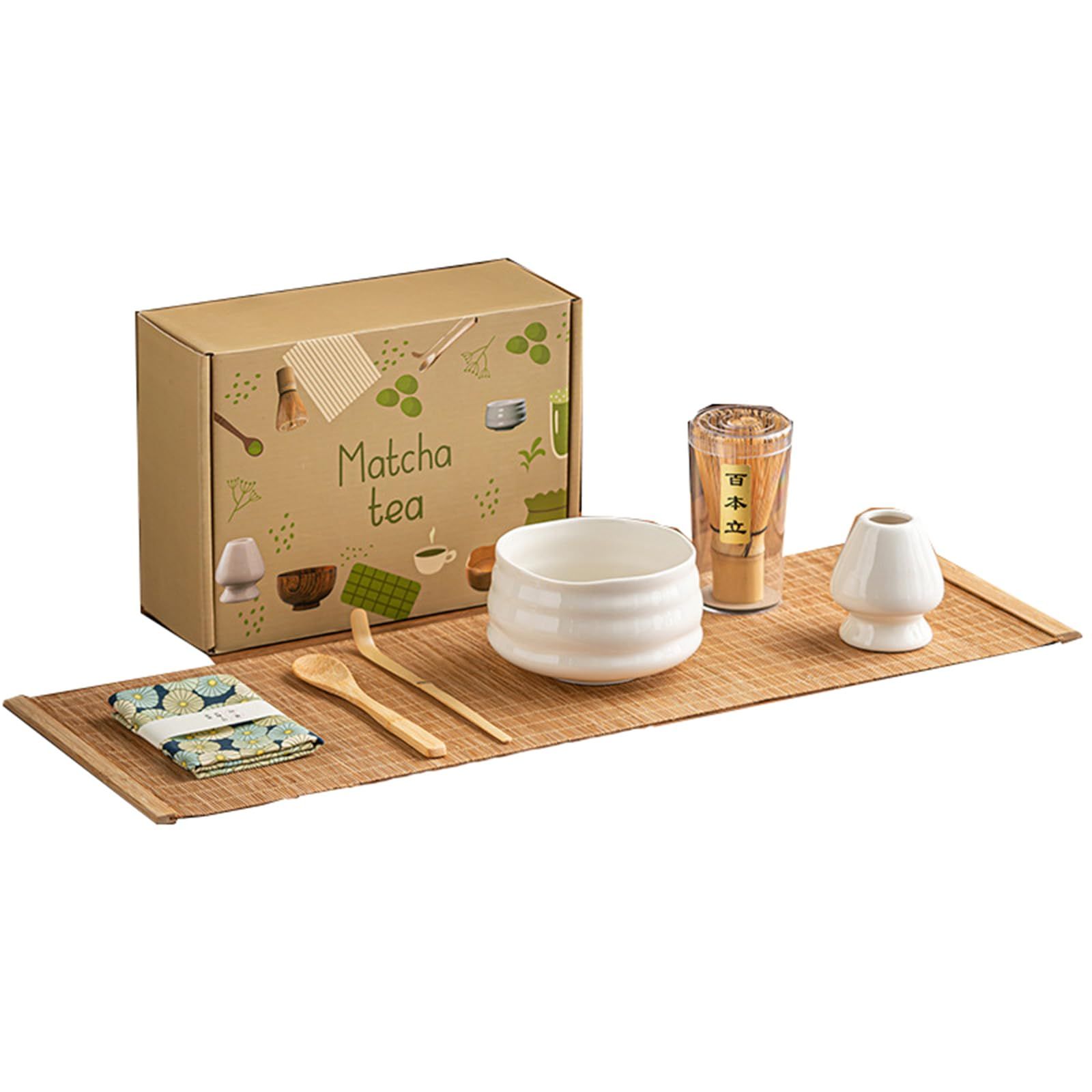 抹茶7点セット お点前セット 日本茶セット 茶道具セット 抹茶茶道 茶碗 百本立茶筅 茶筅立て 茶杓 抹茶 粉末 泡立て器（ホワイト）(沖縄・離島の方発送不可）)
