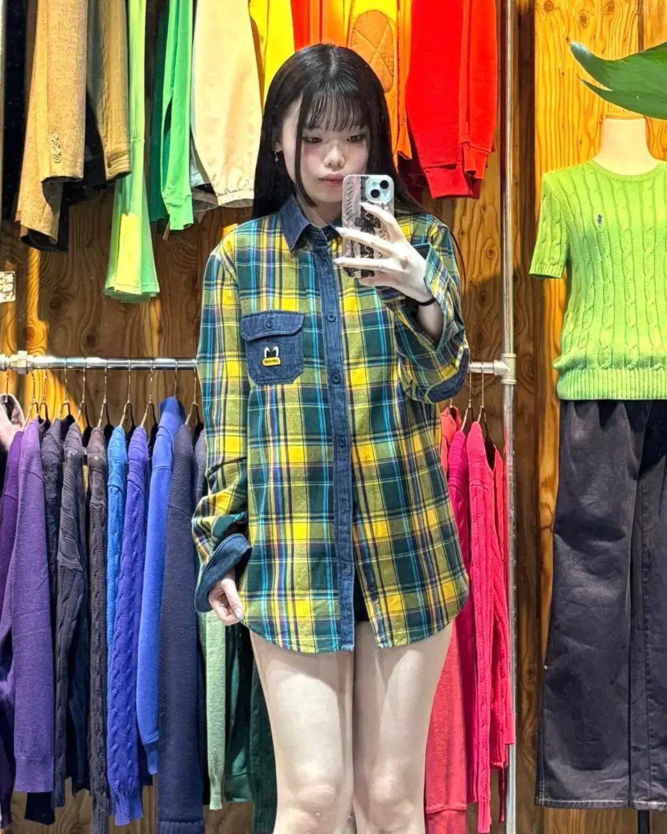 M Pancoat(パンコート) ANIMAL アニマル 옐로우(黄色) デニム ミックス(ミックス) シャツ チェック柄