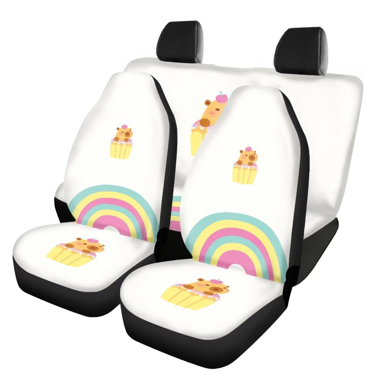 BIGCARJOB カピバラ 虹 車シートカバー 白 可愛い フルセット 汎用 洗濯可能 取り付け簡単 カーシートカバー 動物柄 伸縮性 汚れ防止 車内 インテリア シート保護 軽/普通車適用