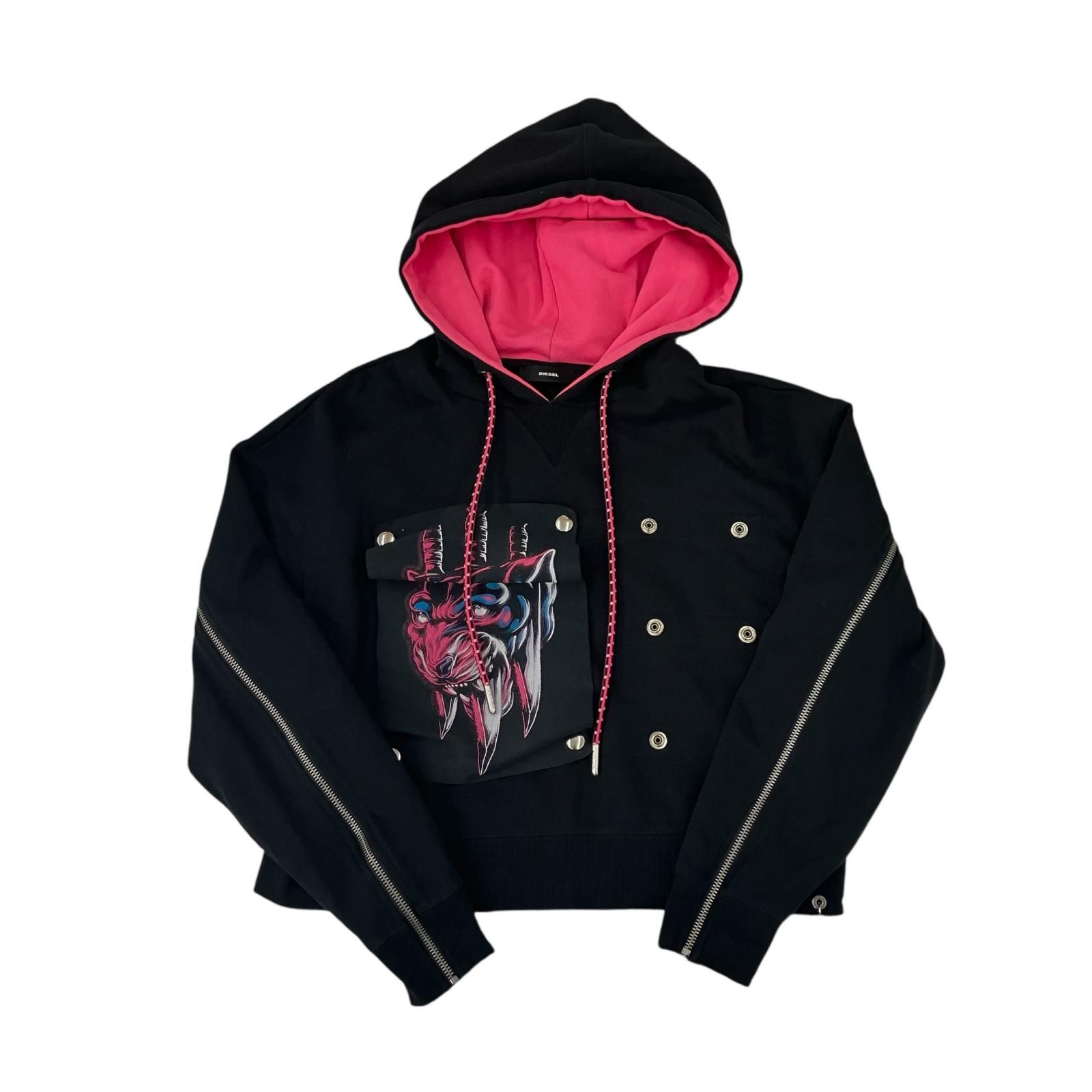 199990 現状品 DIESEL ディーゼル スウェット パーカー XS ブラック/ピンク レディース
