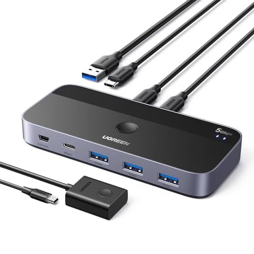 UGREEN USB3.0 切替器 2入力4出力 1A＆1CでUSB-C&Aデバイス共有 5Gbps高速転送 USB 切り替え プリンタ/マウス/キーボード/ハブなどを切替 リモコン＆切替ボタン 切り替え機 2*USBケーブル&リモコン付き スカイグレーt