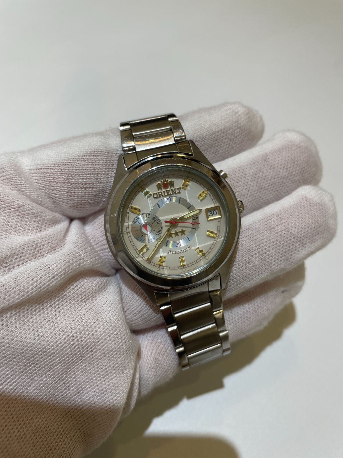 【管理番号-SK】ORIENT オリエント Automatic スリースター EM5V-C2 カットガラス 自動巻 腕時計 稼働品 中古 現状品