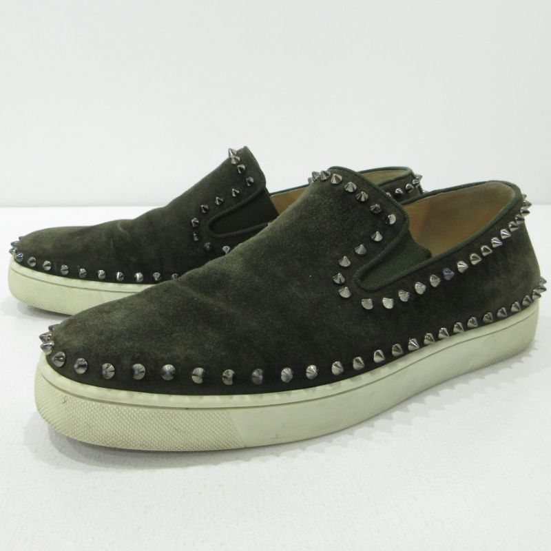 【三重本店】 中古 Christian Louboutin | クリスチャンルブタン スリッポン Pik Boat スパイクスタッズ カーキグリーン サイズ：43・1/2 【135】
