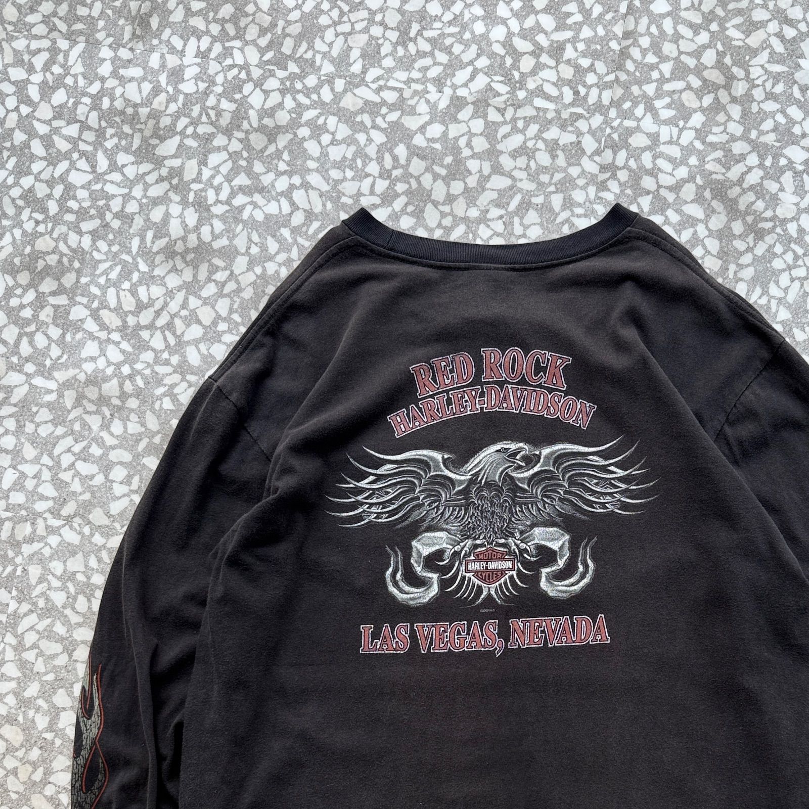 Harley-Dvidson / 00's flame logo ls T-shirt sizeXL ハーレーダビッドソン　長袖Tシャツ　ストリート　フレイム柄 ４面プリント　レイヤード バイク　黒　長瀬智也　ルード