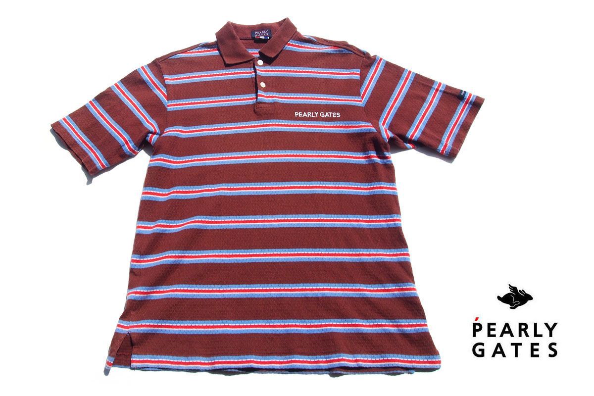 パーリーゲイツ pearly gates 中古 ボーダー柄半袖ポロシャツ 053-160180 M ブラウン×レッド×ブルー×ホワイト コットン 日本製