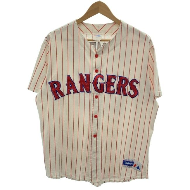 【中古】　Majestic　ベースボールシャツ　90s vintage　90年代　OLD　半袖　トップス　ストライプ　RANGERS　PALMEIRO　ワッペン　オーバーサイズ　USA製　古着　/1953