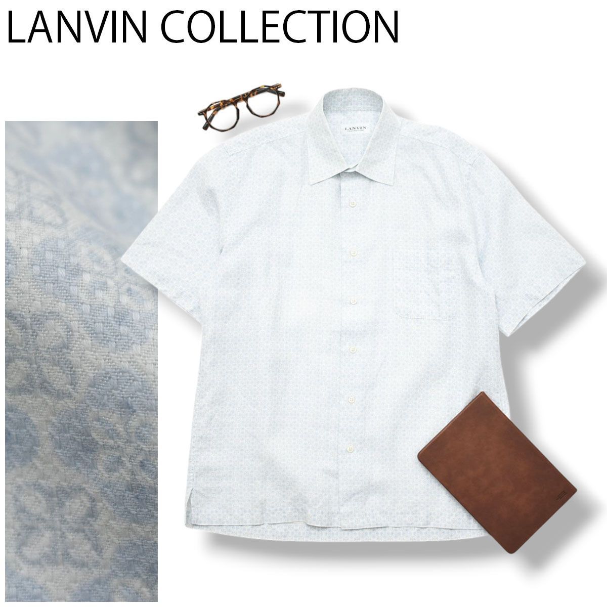 【上質】 ランバン コレクション LANVIN COLLECTION 半袖 総柄 小紋柄 レギュラーカラー ドレスシャツ カジュアル ビジカジ M アイスブルー メンズ