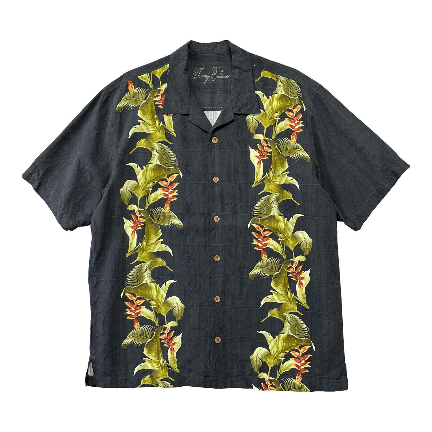 USA 古着 Tommy Bahama トミーバハマ シルク 開襟 アロハシャツ キャンプシャツ ボタニカル柄 パームツリー柄 メンズL ブラック オープンカラー BF4622