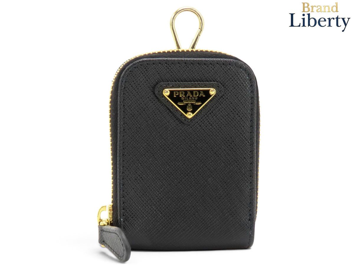 【美品】プラダ PRADA サフィアーノ トライアングル ミニポーチ バッグチャーム コインケース 小物入れ NERO ブラック ゴールド金具 レザー