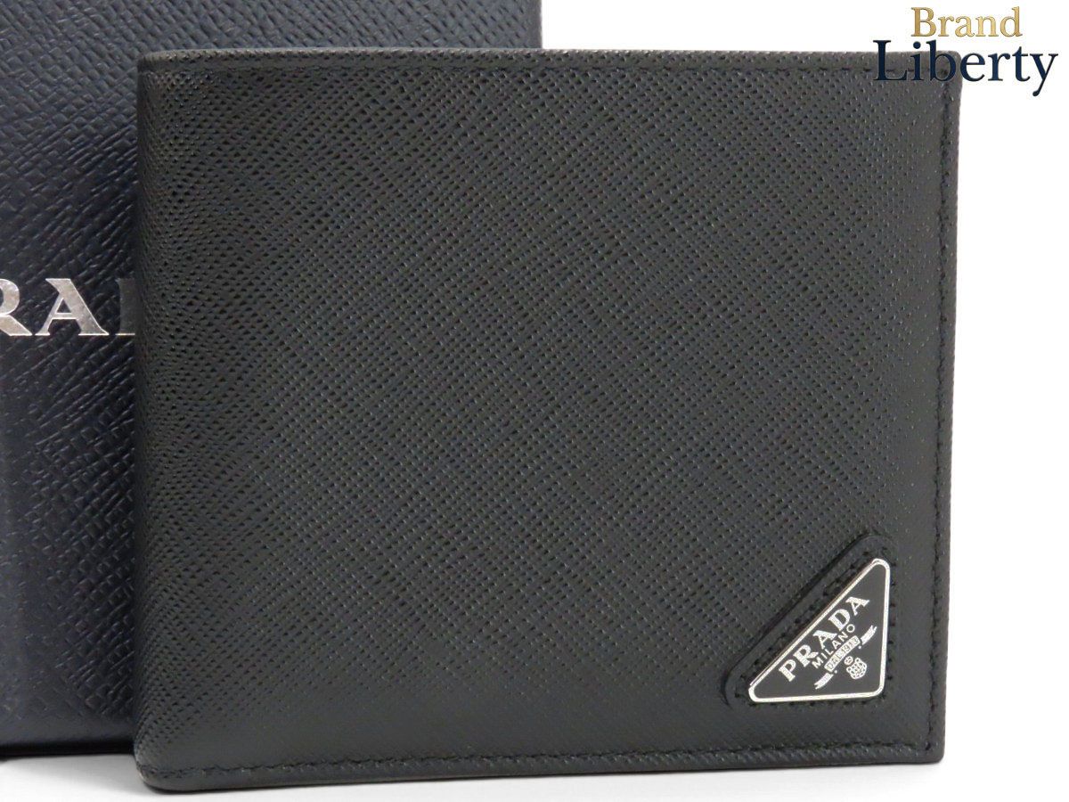 【新古品】プラダ PRADA コインパース付き サフィアーノレザー ウォレット サフィアーノ トライアングル 二つ折り財布 コンパクト財布 NERO ブラック レザー 2MO738