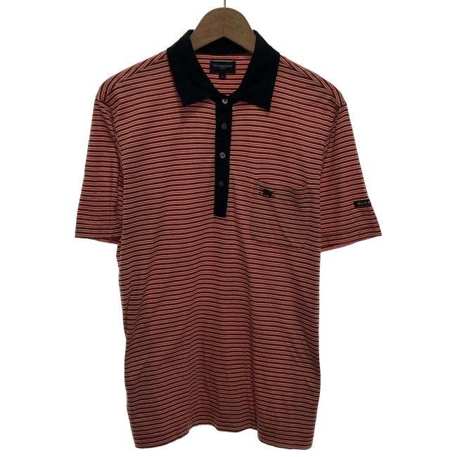 【中古】　BURBERRY GOLF　ポロシャツ　半袖　トップス　ボーダー　ワンポイント　刺しゅう　胸ポケット　日本製　古着　/7032
