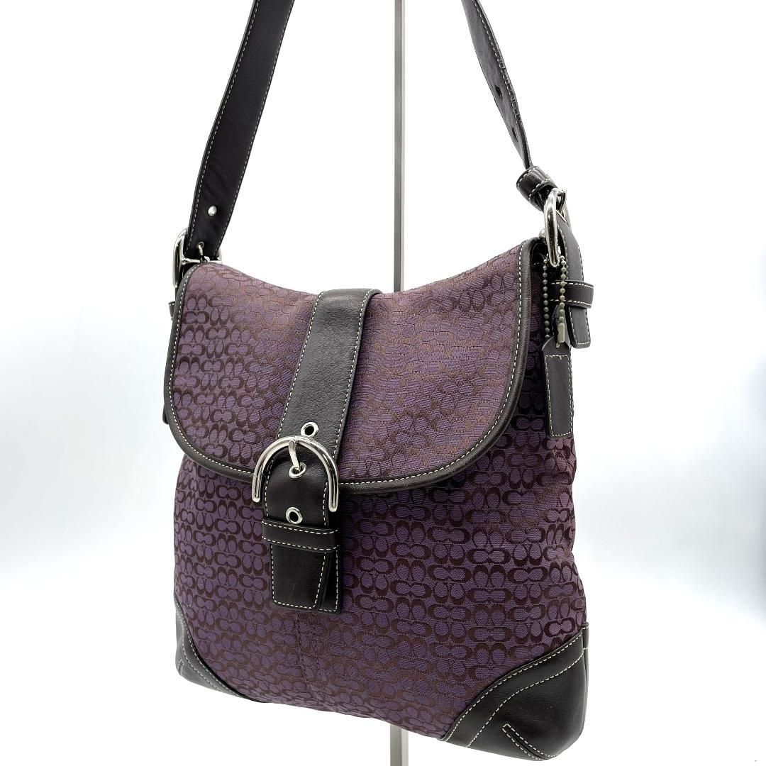 COACH コーチ ソーホー ショルダーバッグ ミニシグネチャー パープル ジャガード レザー ワンショルダー 斜め掛け クロスボディ Y2K アーカイブ フラップ ロゴ 総柄 レディース