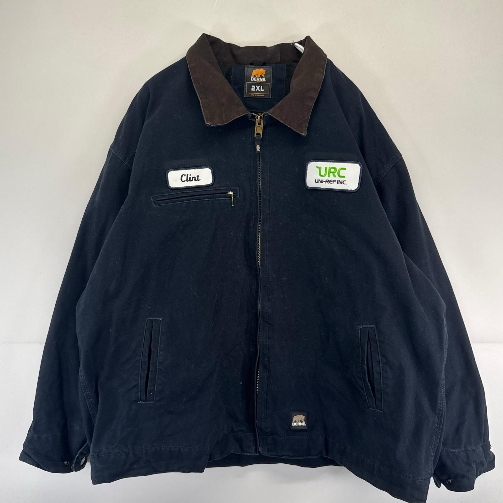 古着 BERNE ジャケット フルジップ デトロイトジャケットタイプ ワーク 中綿 ダック 大きいサイズ 2XL ブラック系 メンズ