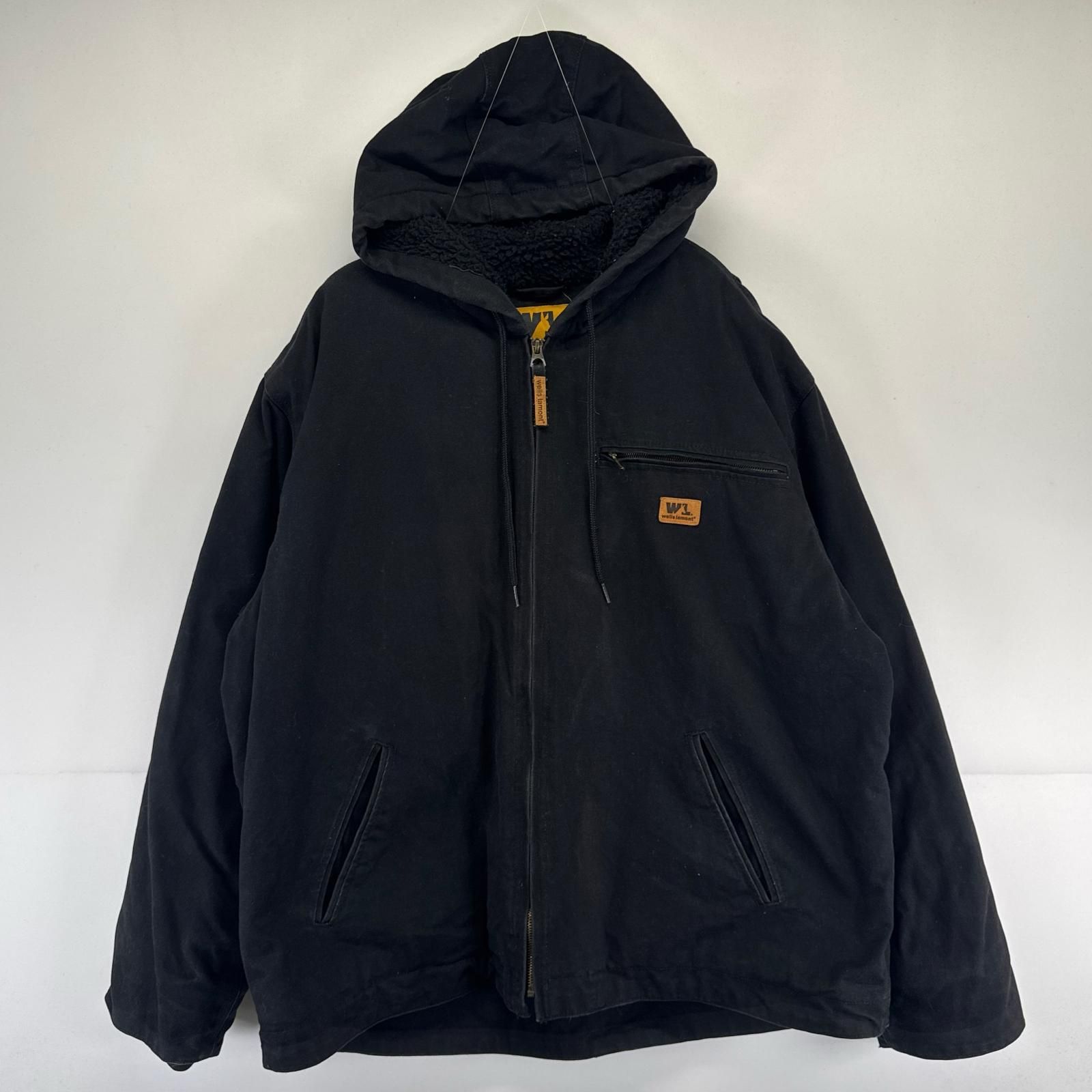 古着 ウェルスラモント Wellslamont ジャケット フルジップ ワーク ダック ワンポイントロゴ 大きいサイズ 裏ボアライナー 2XL ブラック系 メンズ